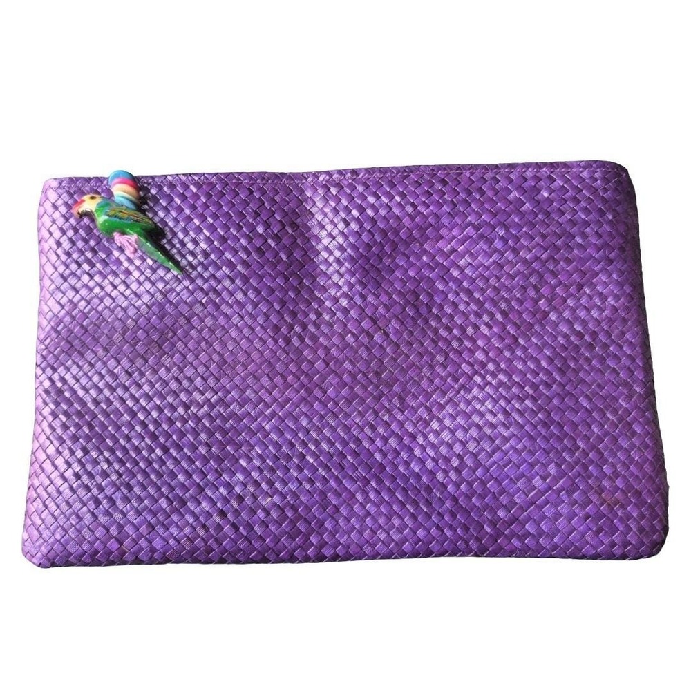 Vintage 1980s Purple‎ Wicker Clutch With Parrot Bag Charm